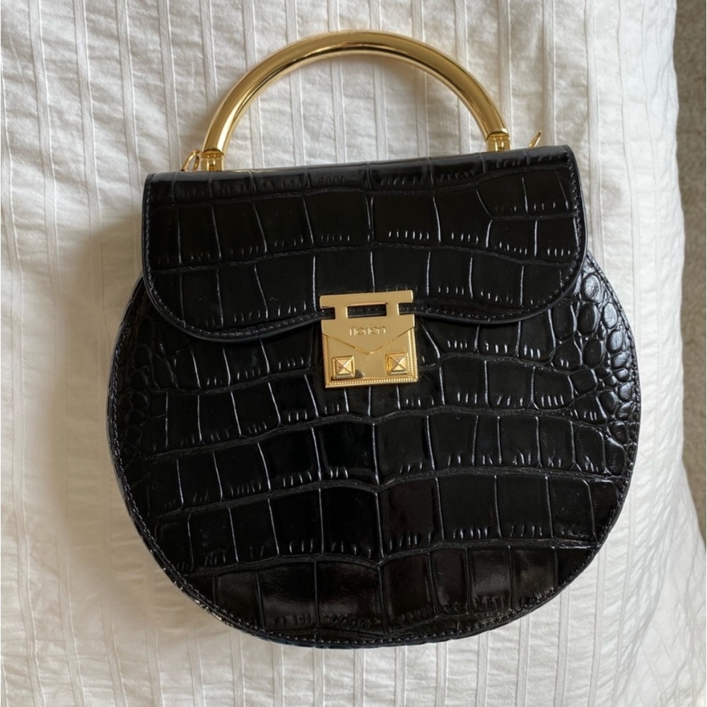 Elegant Black Croc-Embossed Handbag with Gold Accents, NWT.